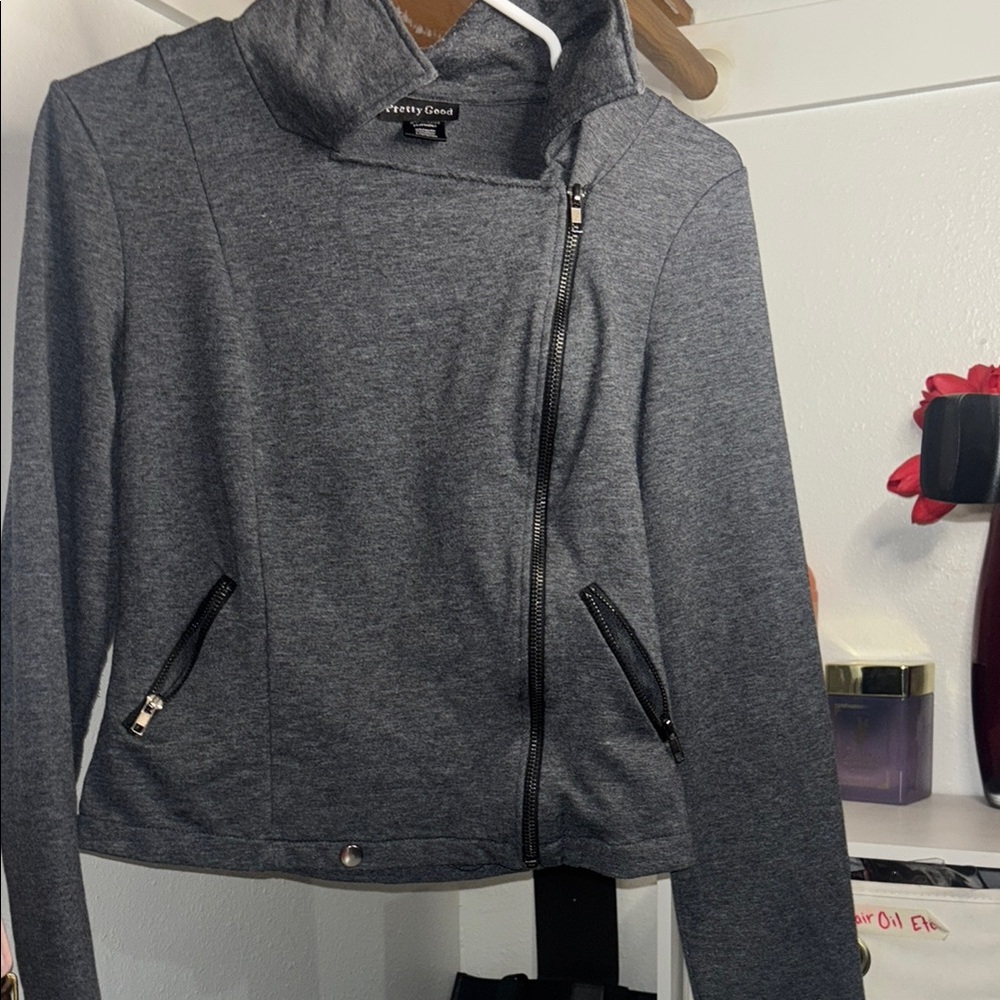 Pretty Good Gray Bomber Jacket Asymmetrical Zipper Fitted Design